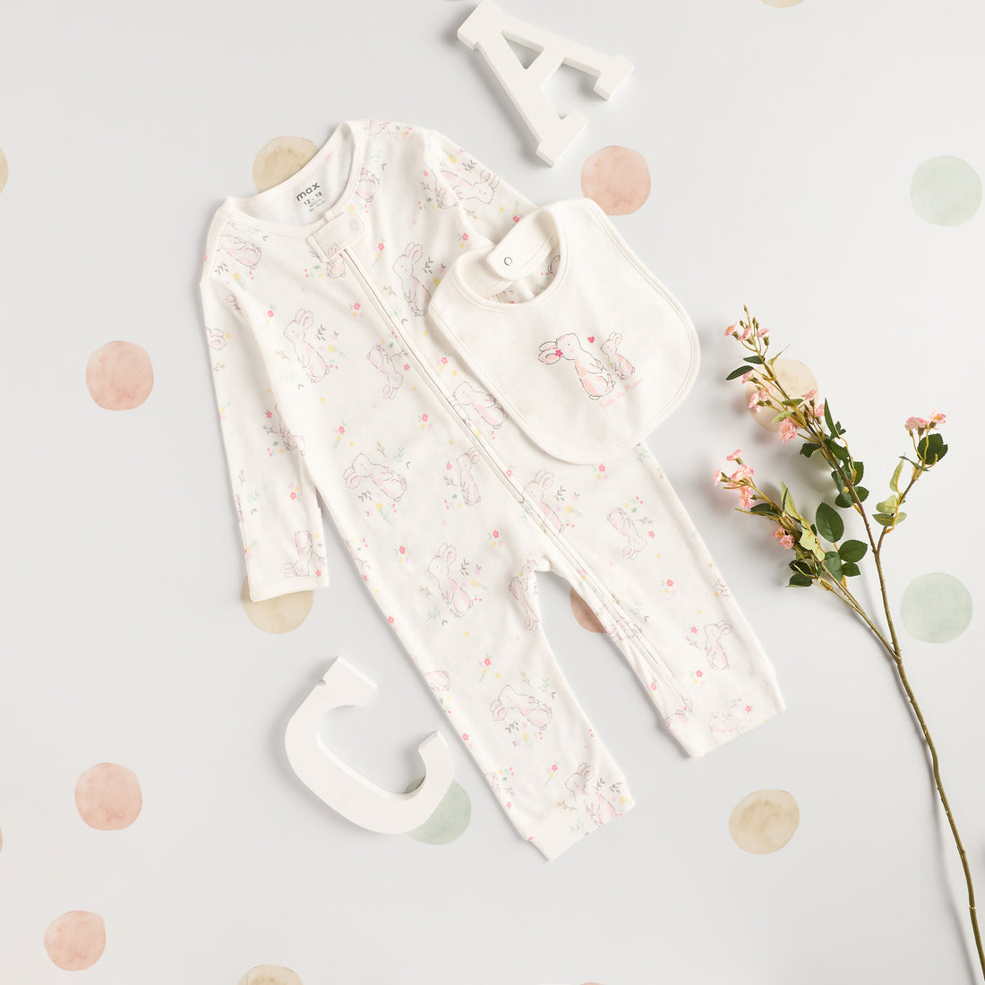 All-Over Bunny Print Sleepsuit with Bib - Cream