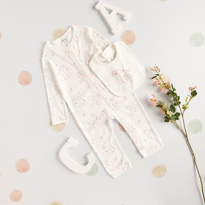 All-Over Bunny Print Sleepsuit with Bib - Cream