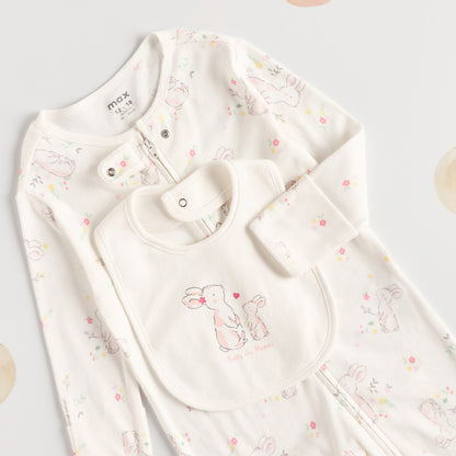 All-Over Bunny Print Sleepsuit with Bib