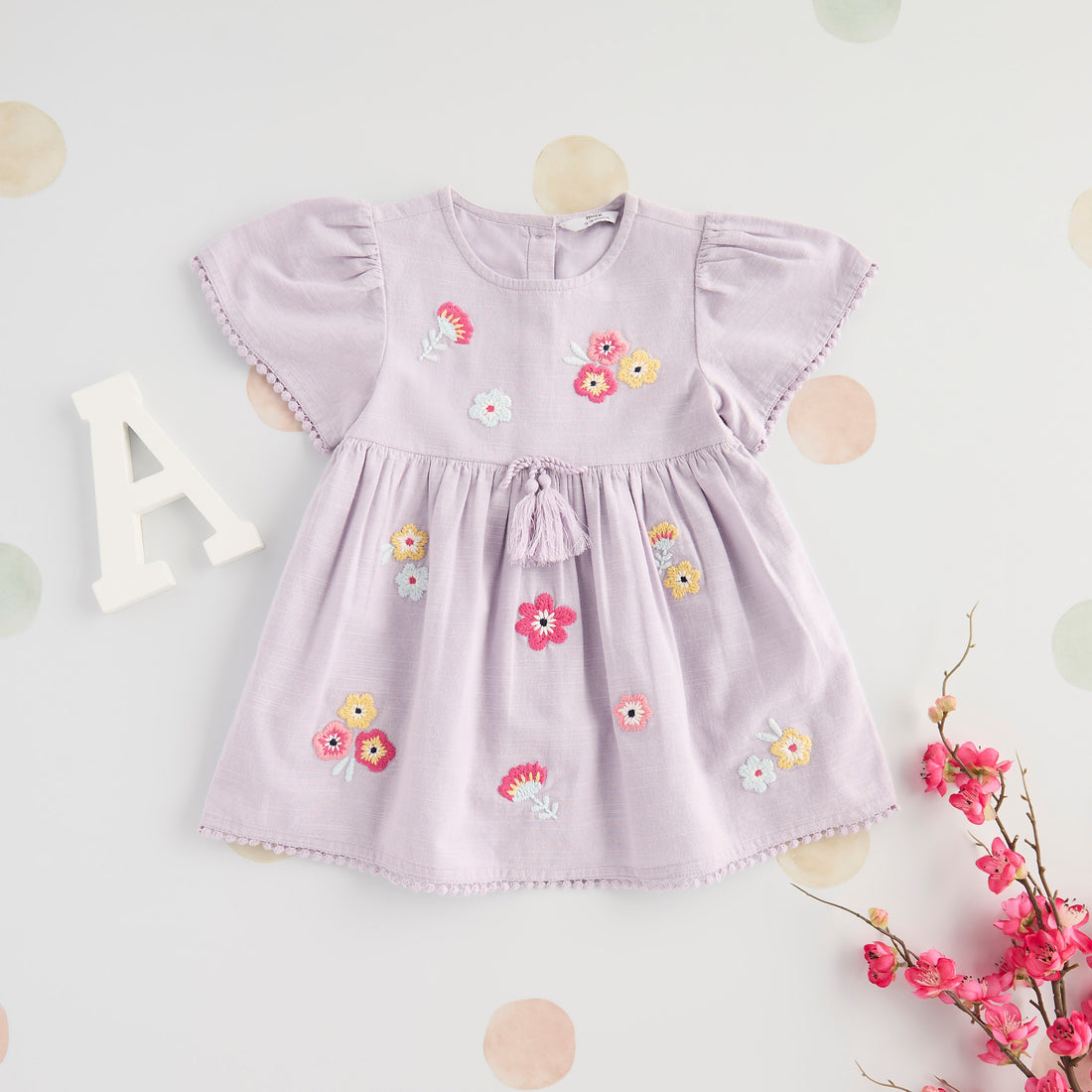 Floral Embroidered Cotton Dress with Pom-Pom - Purple / 12-18 mths
