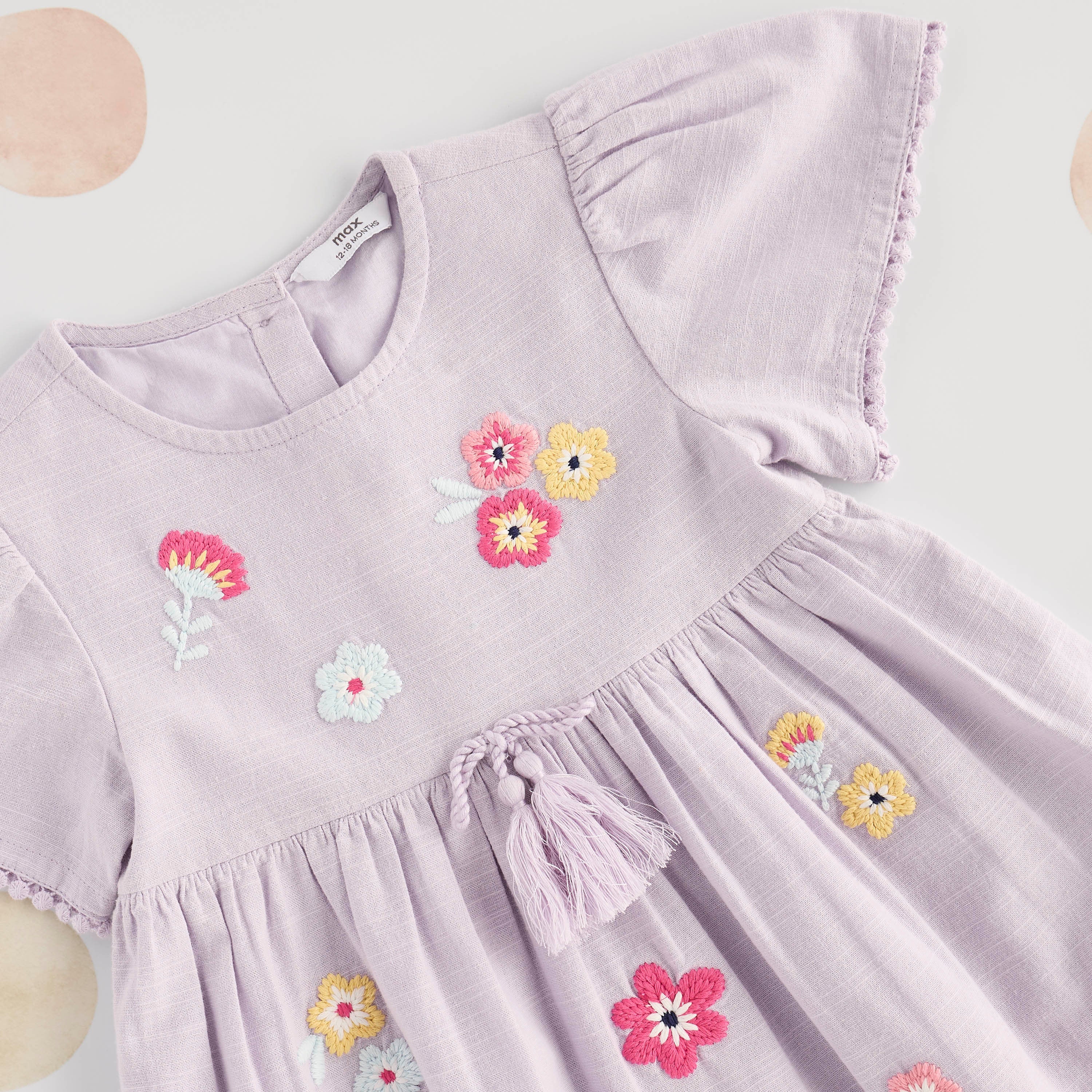 Floral Embroidered Cotton Dress with Pom-Pom
