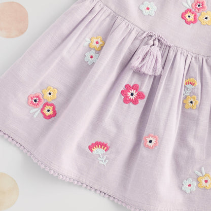 Floral Embroidered Cotton Dress with Pom-Pom