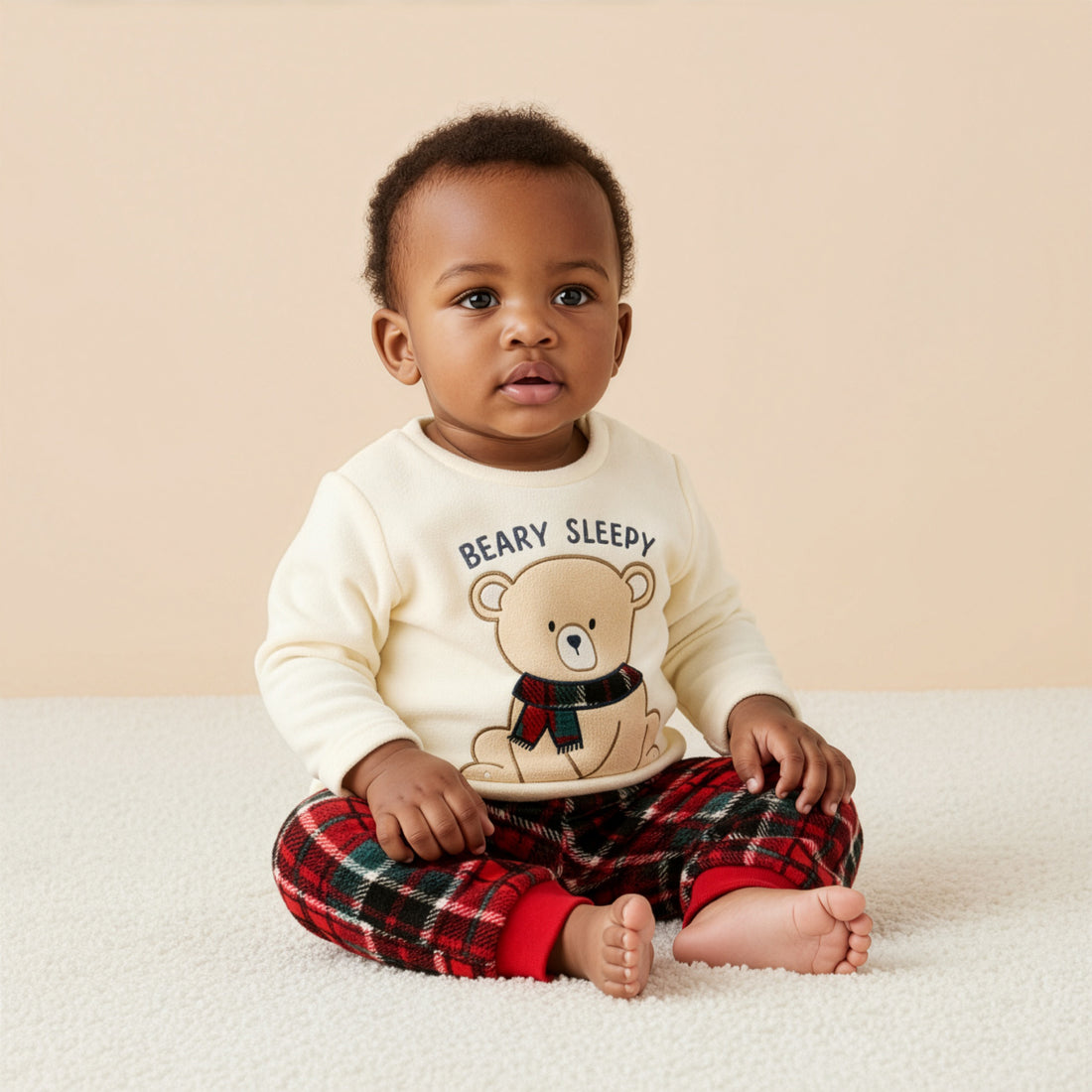 Checked Fleece Pyjama Set - Cream / 12-18 mths