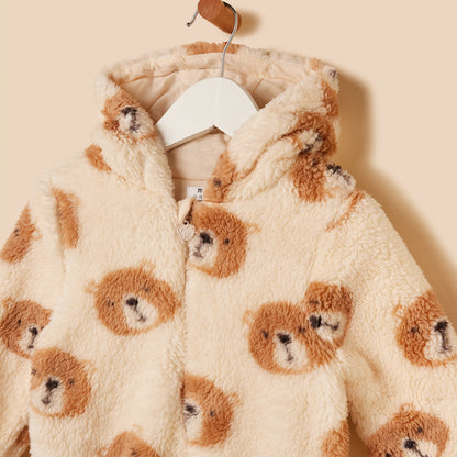 Bear Print Hooded Faux Fur Sleepsuit