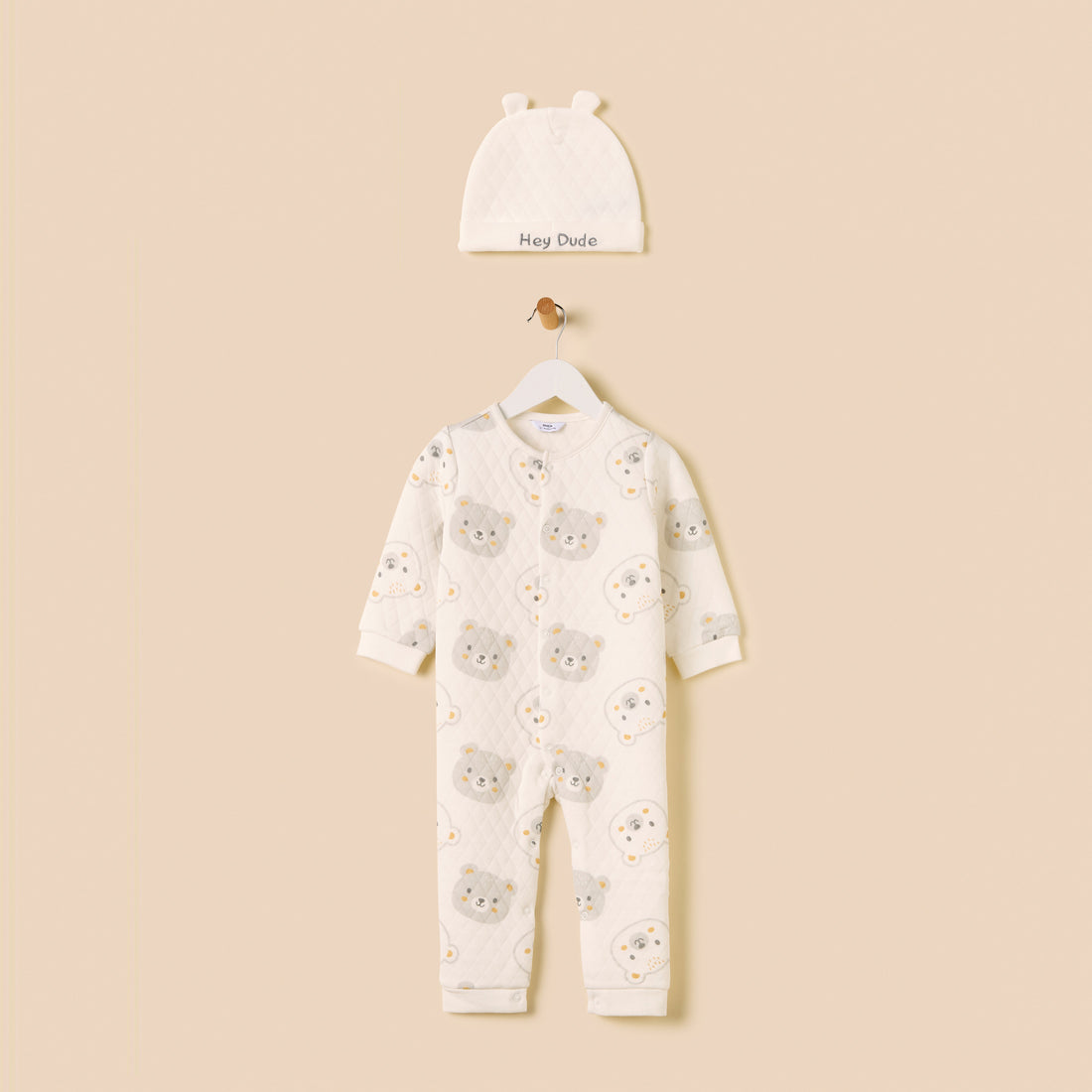 Bear Textured Velour Sleepsuit with Beanie Cap