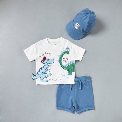 Dinosaur Print Cotton T-shirt with Shorts and Cap