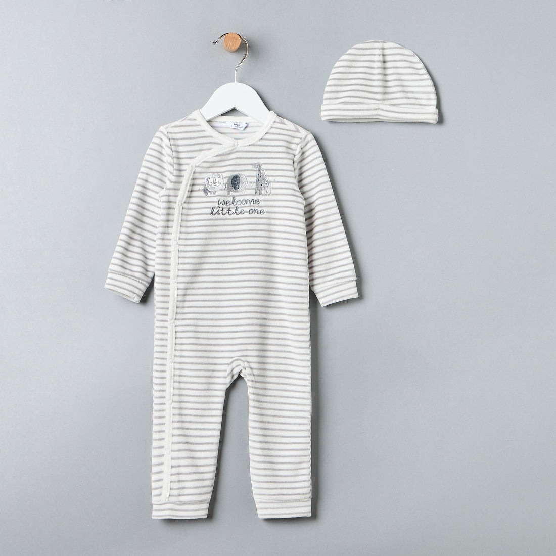 Striped Velour Sleepsuit with Beanie
