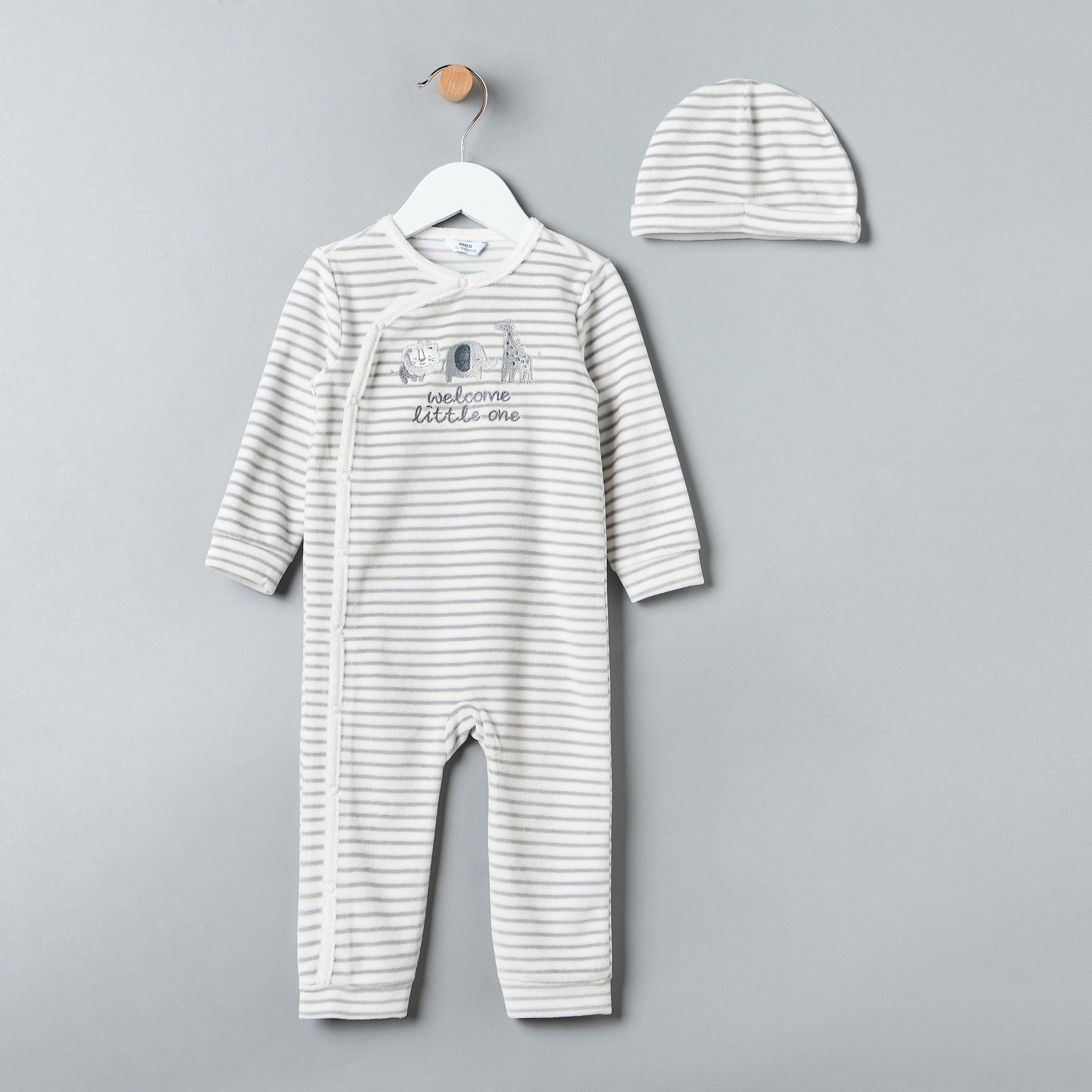 Striped Velour Sleepsuit with Beanie