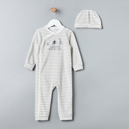 Striped Velour Sleepsuit with Beanie