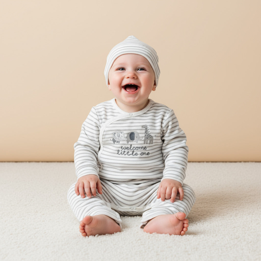 Striped Velour Sleepsuit with Beanie - White / 12-18 mths