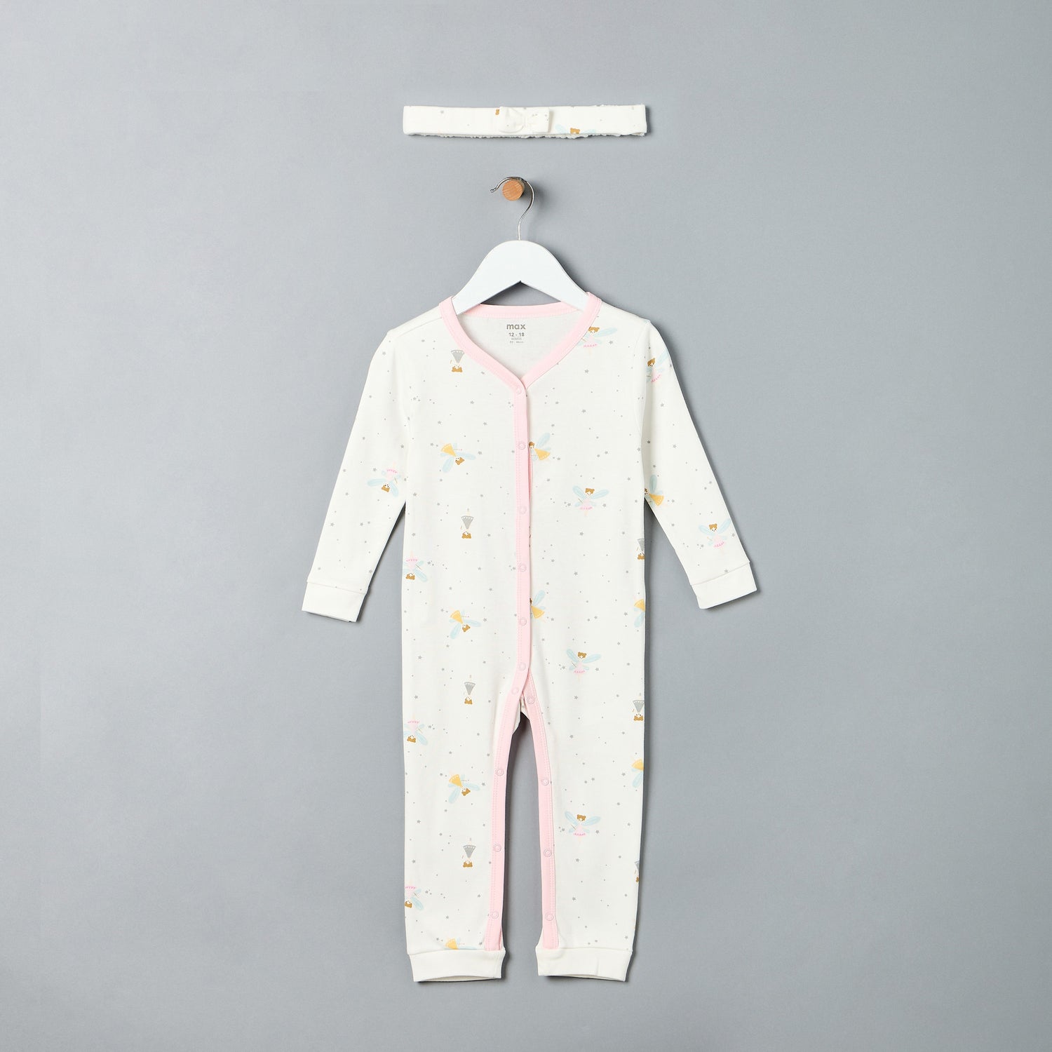 All-Over Fairy Print Sleepsuit with Headband - White / 12-18 mths