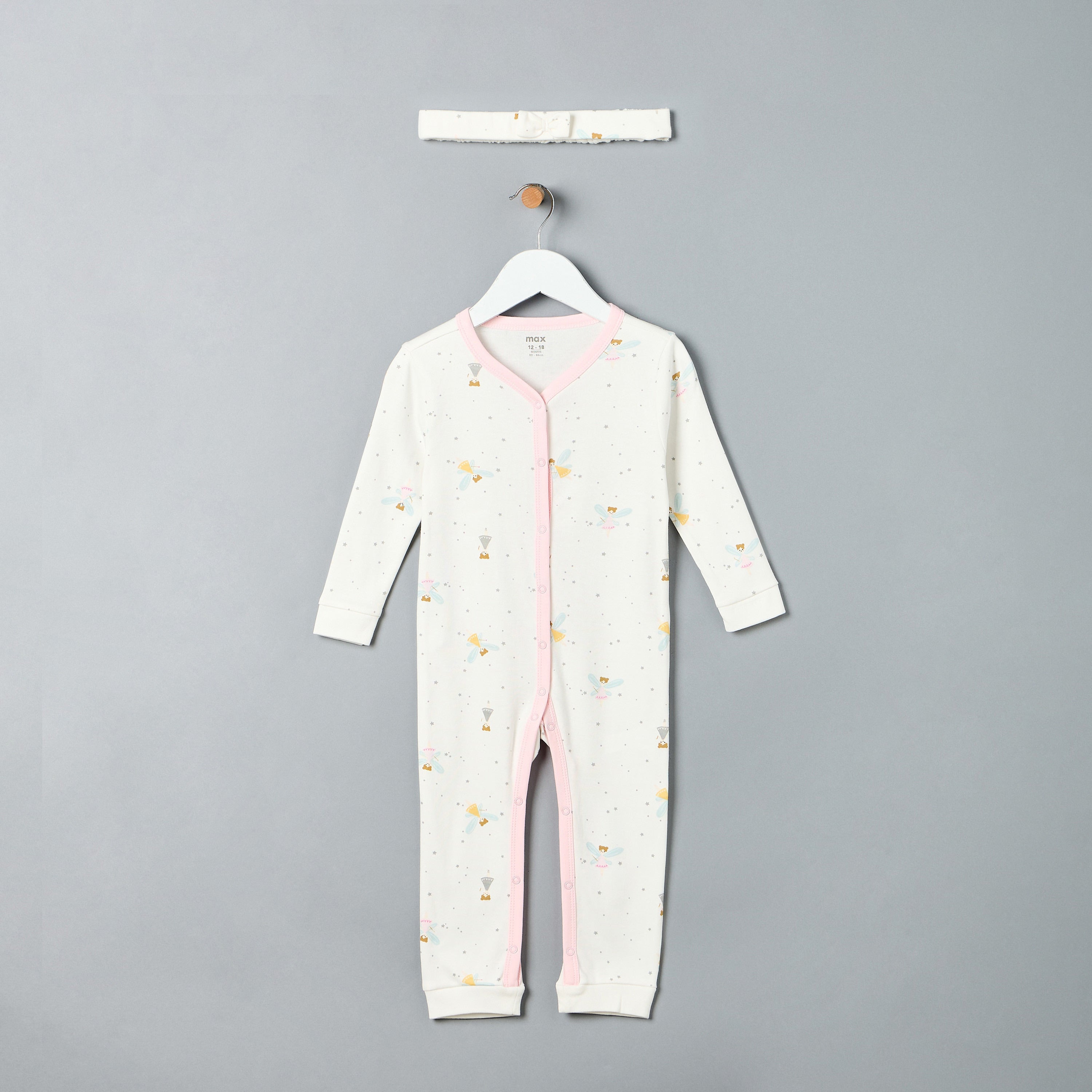 All-Over Fairy Print Sleepsuit with Headband - White / 12-18 mths