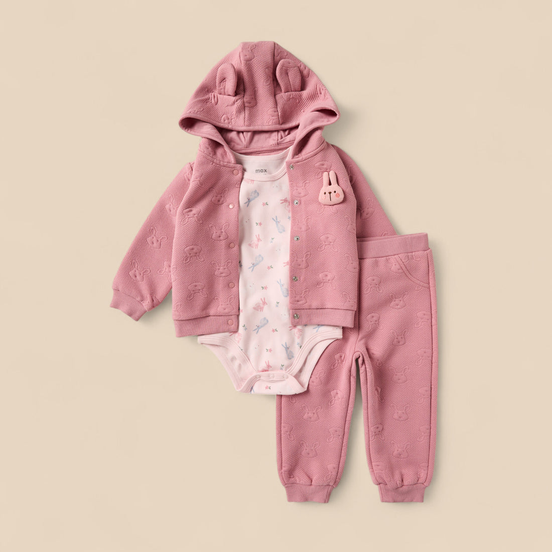 Bunny Embossed Hoodie with Bodysuit and Joggers - Pink / 12-18 mths
