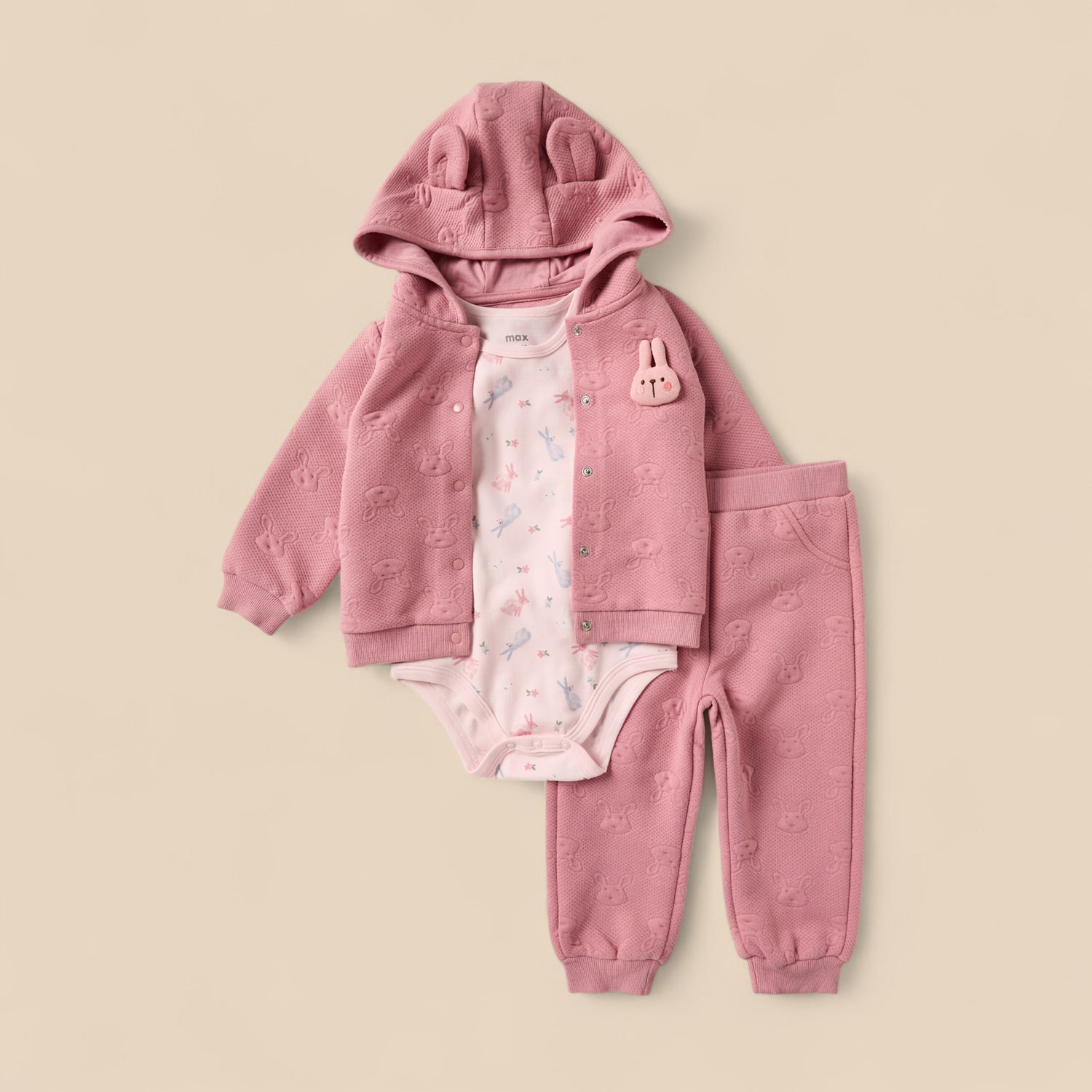 Bunny Embossed Hoodie with Bodysuit and Joggers - Pink / 12-18 mths