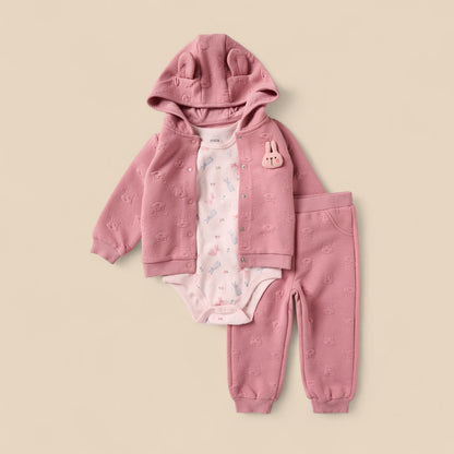 Bunny Embossed Hoodie with Bodysuit and Joggers - Pink / 12-18 mths