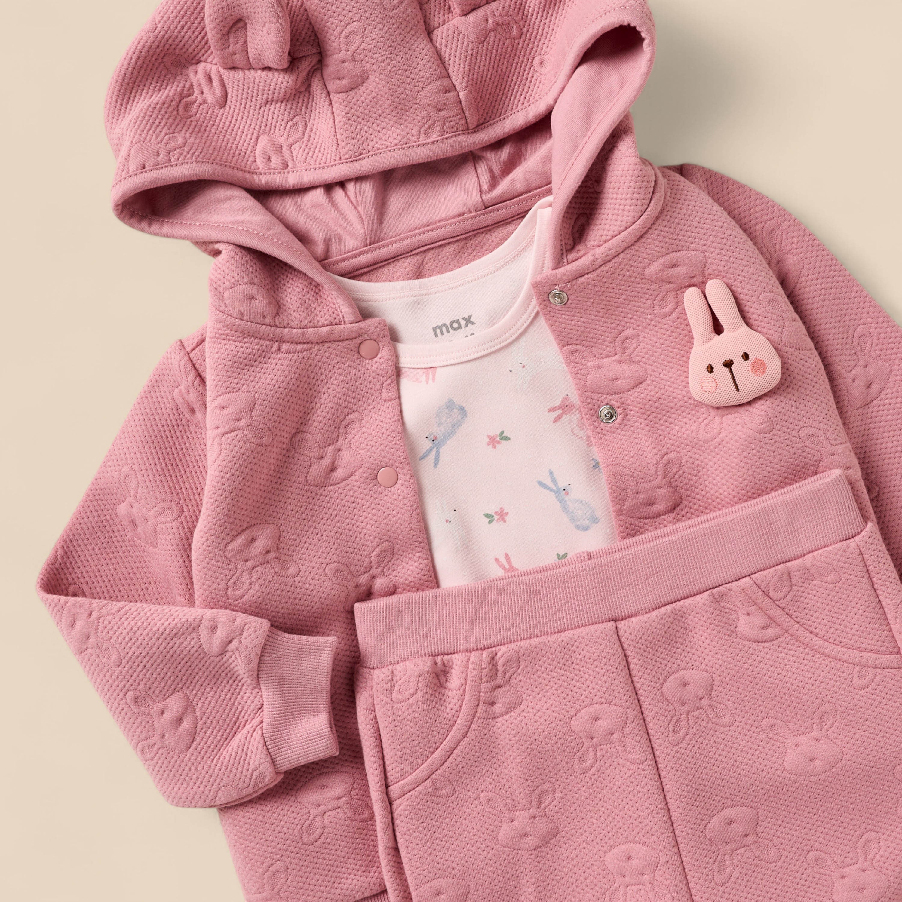 Bunny Embossed Hoodie with Bodysuit and Joggers