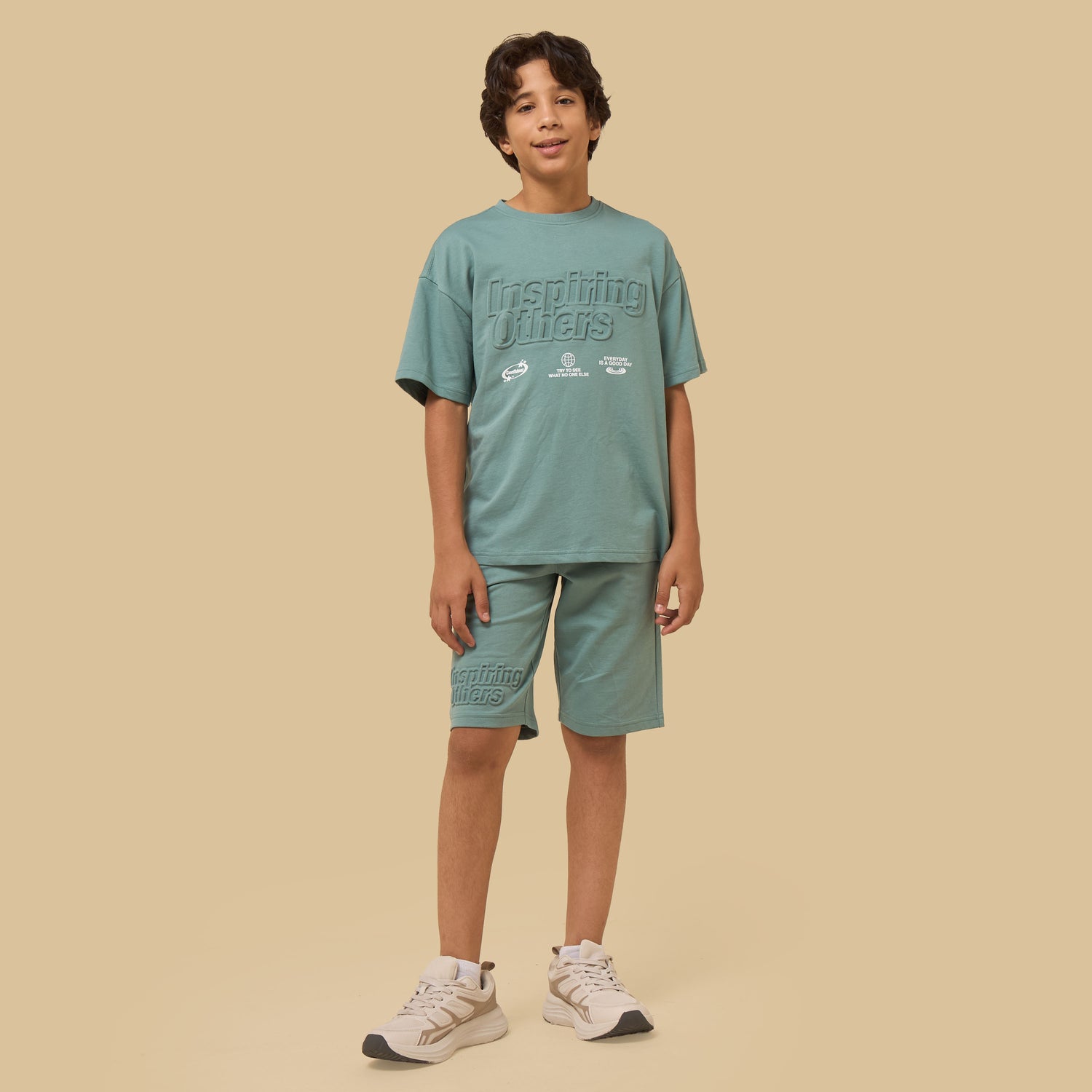 Embossed Slogan Print T-shirt and Shorts Set