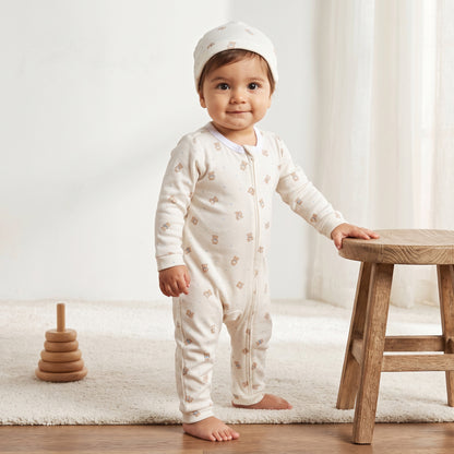 Teddy Bear Print Cotton Sleepsuit with Cap - Cream / 12-18 mths