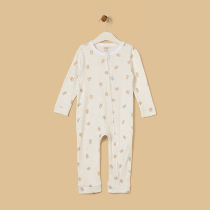 Teddy Bear Print Cotton Sleepsuit with Cap