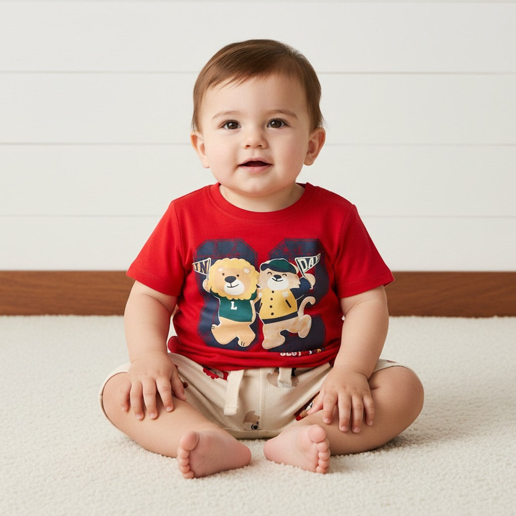 Lion Print Cotton T-shirt and Shorts Set - 12-18 MTHS