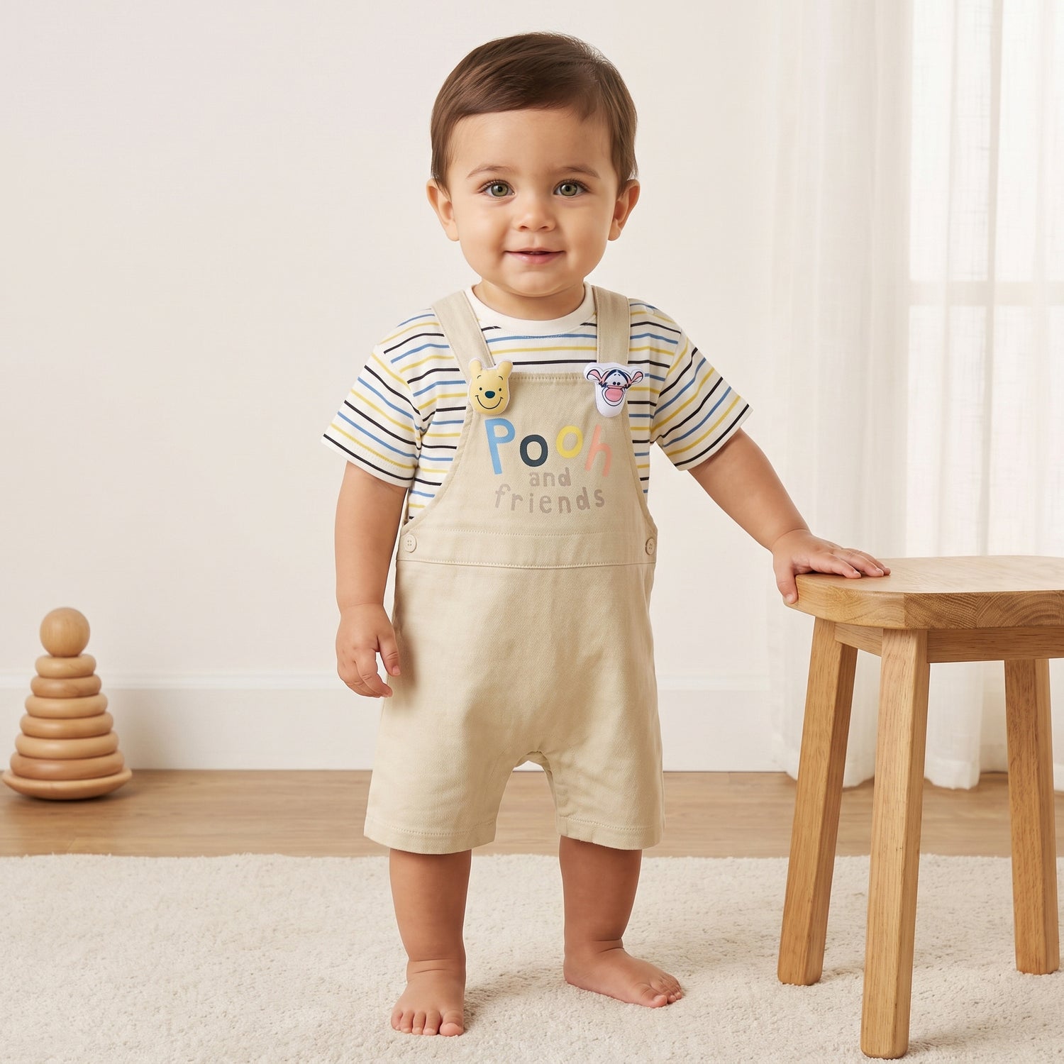 Winnie the Pooh Print Dungaree and Striped T-shirt Set - 12-18 MTHS