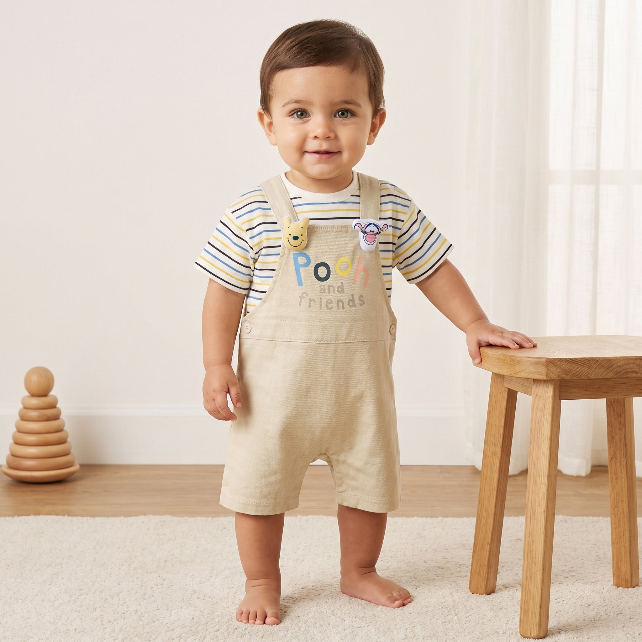 Winnie the Pooh Print Dungaree and Striped T-shirt Set - 12-18 MTHS
