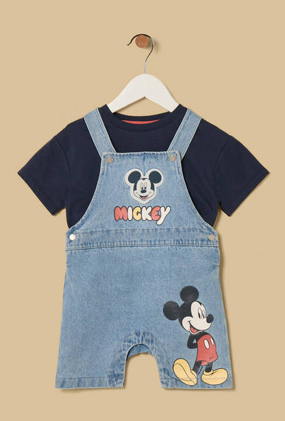 Mickey Mouse Print Denim Dungaree with T-shirt-undefined-image-1