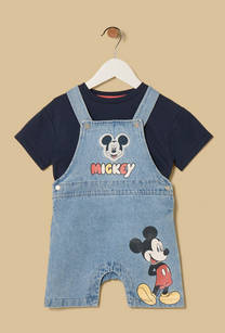 Mickey Mouse Print Denim Dungaree with T-shirt-undefined-image-1