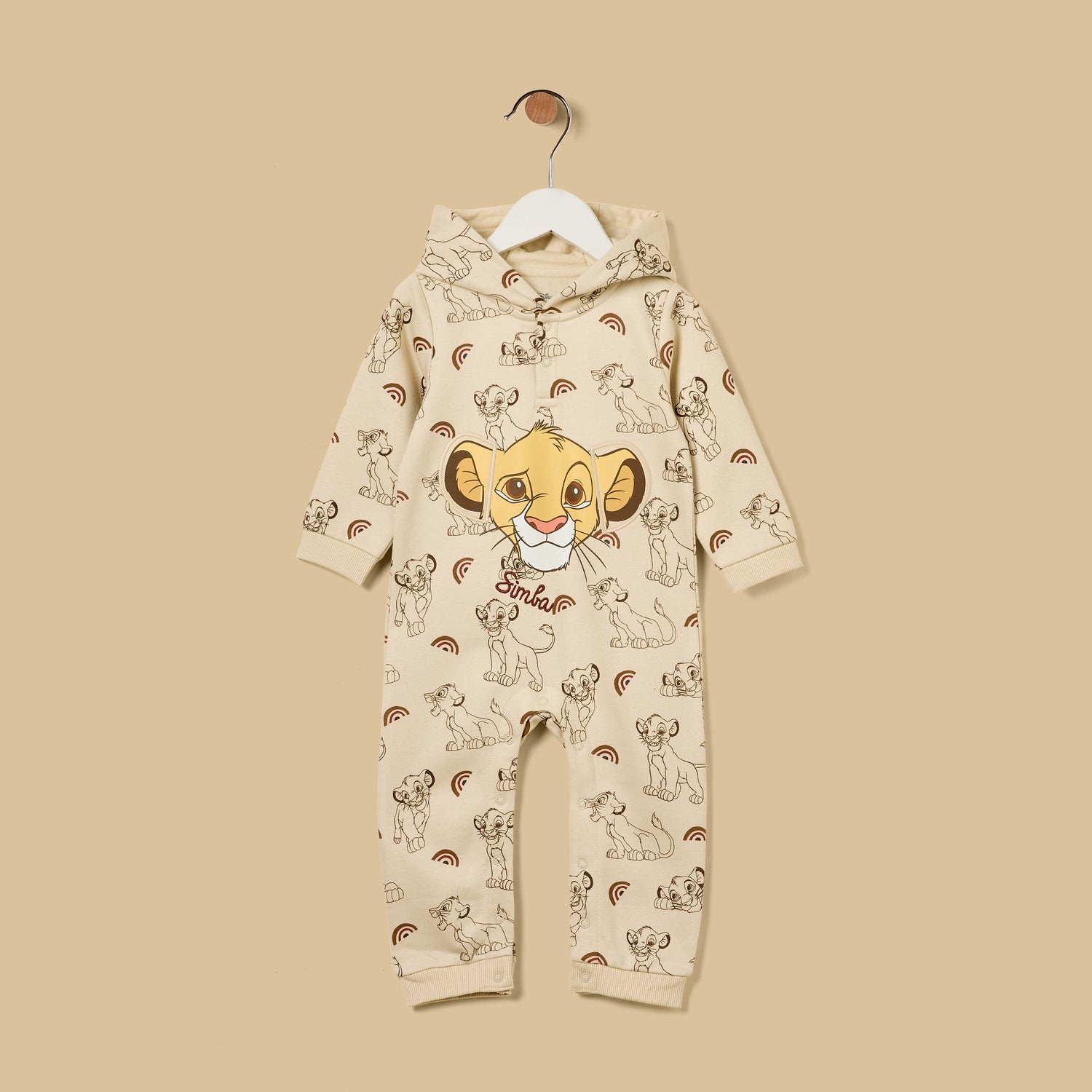 Simba Print Hooded Romper - Beige / 12-18 mths