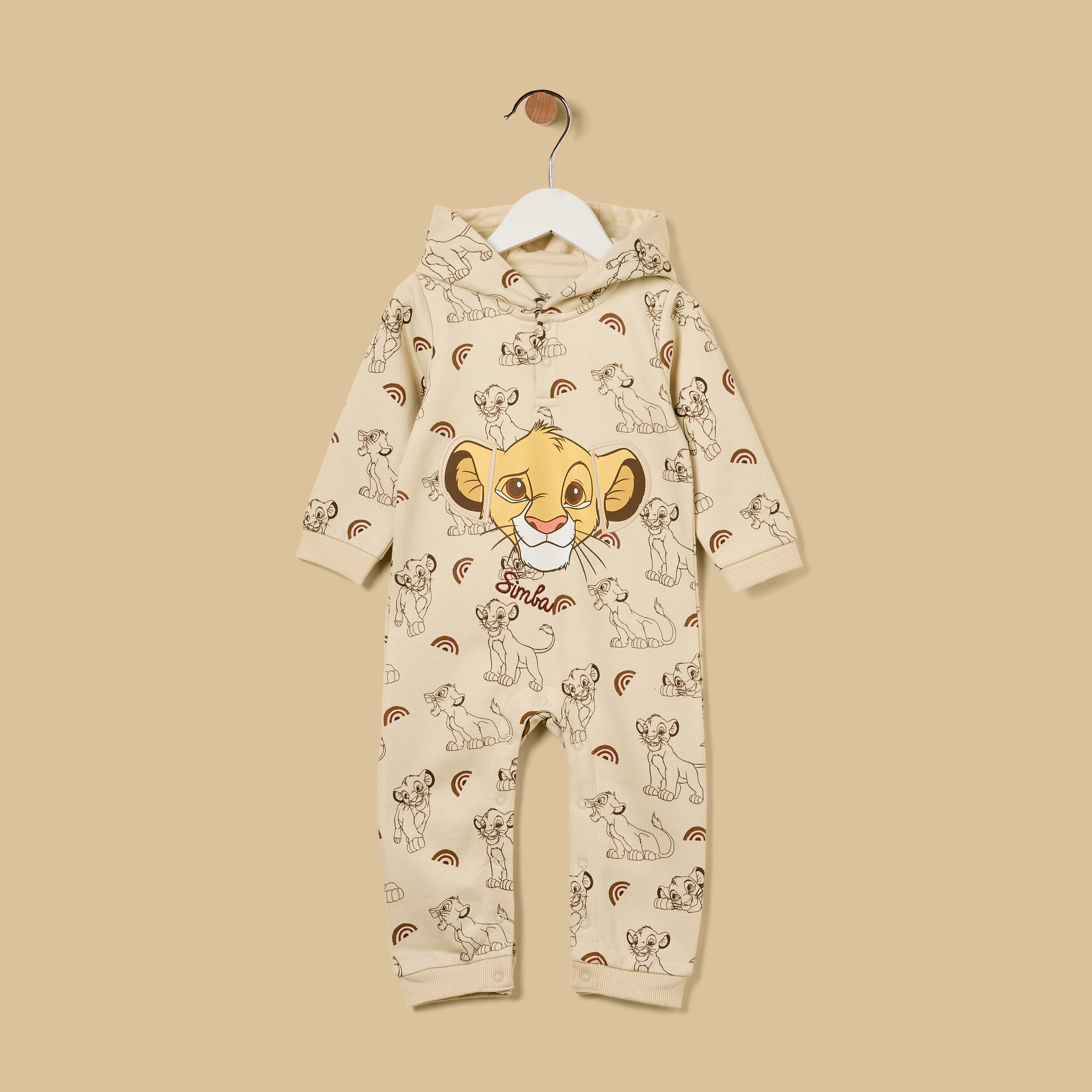 Simba Print Hooded Romper - Beige / 12-18 mths