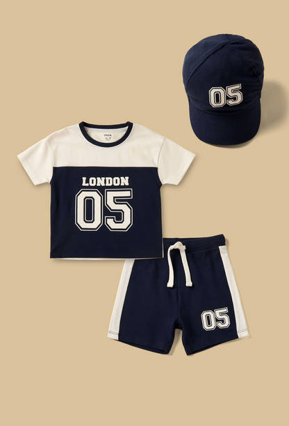Varsity Print Pique Cotton T-shirt with Shorts and Cap-undefined-image-1