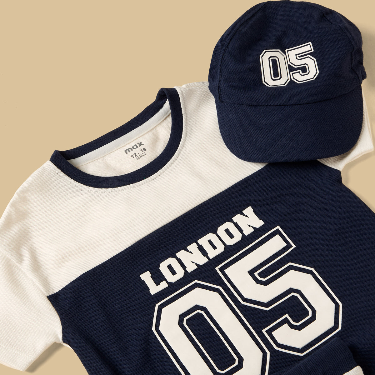 Varsity Print Pique Cotton T-shirt with Shorts and Cap
