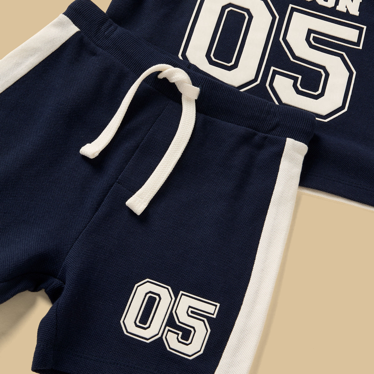 Varsity Print Pique Cotton T-shirt with Shorts and Cap