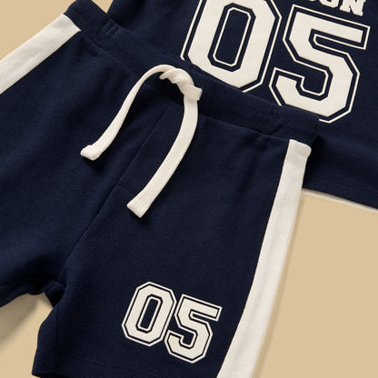Varsity Print Pique Cotton T-shirt with Shorts and Cap