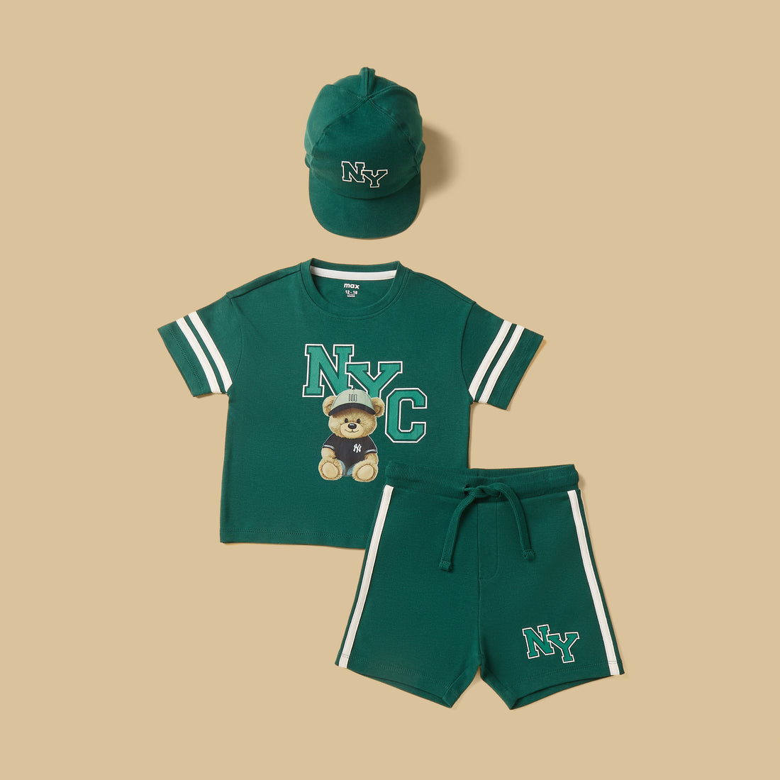 Bear Print Cotton T-shirt with Shorts and Cap Set