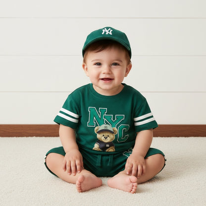 Bear Print Cotton T-shirt with Shorts and Cap Set - 12-18 MTHS