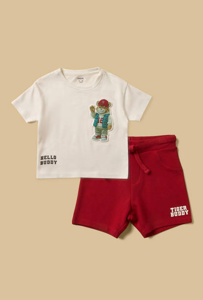 Tiger Embossed Cotton T-shirt with Shorts and Cap-undefined-image-1