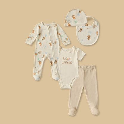 Bear Print 5-Piece Clothing Set - Cream / 0-3 mths