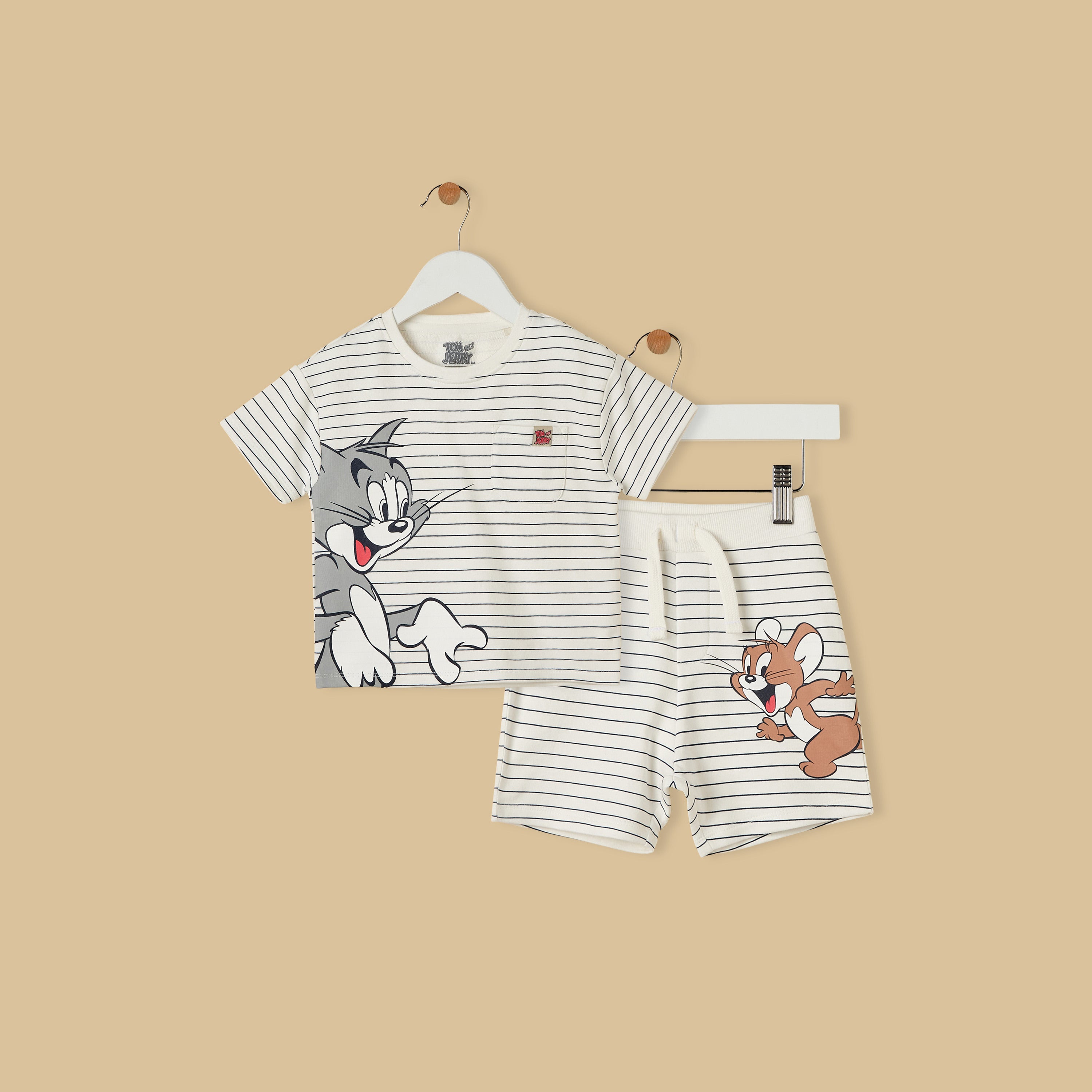Tom and Jerry Print Cotton T-shirt and Shorts Set - Cream / 12-18 mths