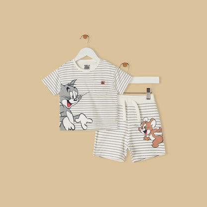 Tom and Jerry Print Cotton T-shirt and Shorts Set - Cream / 12-18 mths