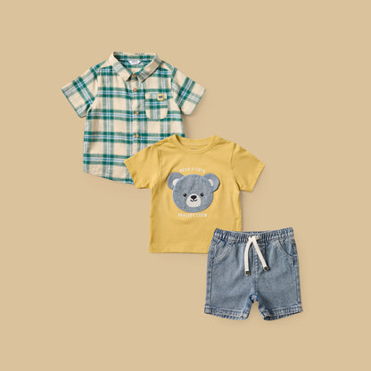 Checked Cotton Shirt with T-shirt and Denim Shorts Set - Multicolour / 12-18 mths