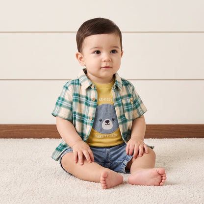 Checked Cotton Shirt with T-shirt and Denim Shorts Set