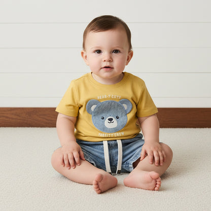 Checked Cotton Shirt with T-shirt and Denim Shorts Set