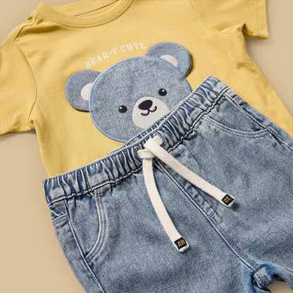 Checked Cotton Shirt with T-shirt and Denim Shorts Set