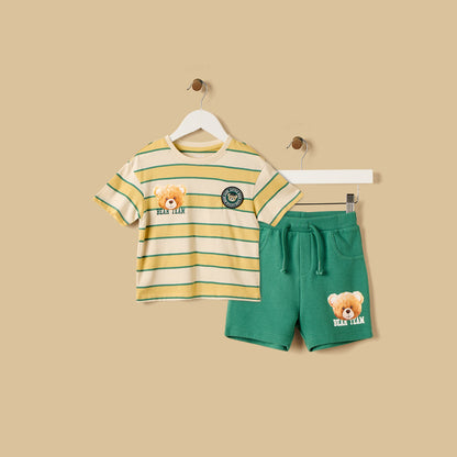 Bear Print Cotton T-shirt and Shorts Set