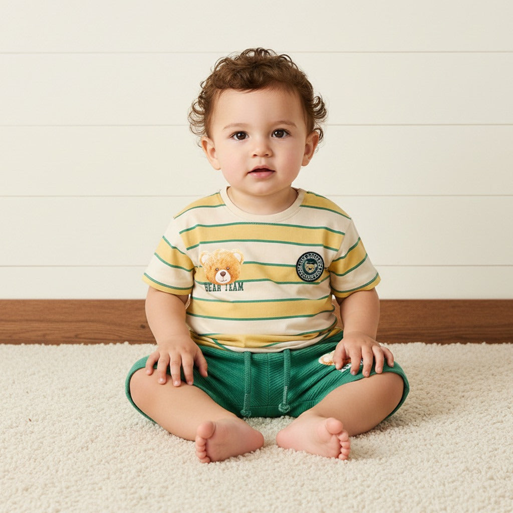 Bear Print Cotton T-shirt and Shorts Set - Cream / 12-18 mths