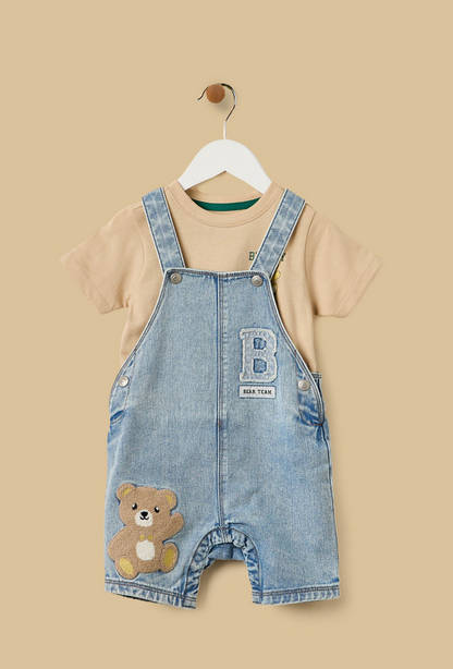 Bear Print Cotton T-shirt and Denim Dungaree Set-undefined-image-1
