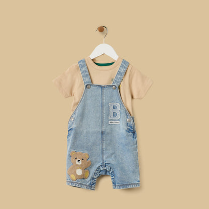Bear Print Cotton T-shirt and Denim Dungaree Set