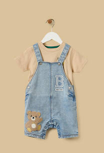 Bear Print Cotton T-shirt and Denim Dungaree Set-undefined-image-1