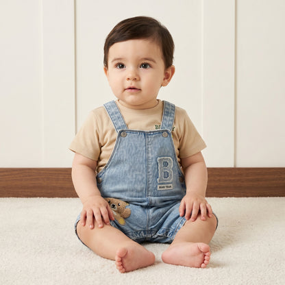 Bear Print Cotton T-shirt and Denim Dungaree Set - 12-18 MTHS